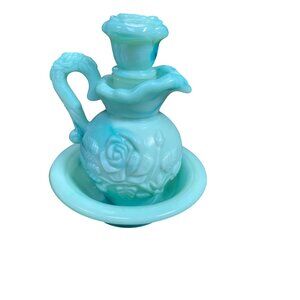 Avon mint green vintage EMPTY body oil decantor bottle ONLY with dish SKU 9818